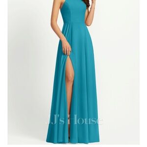JJs House Teal Halter Bridesmaid Gown with Thigh Slit